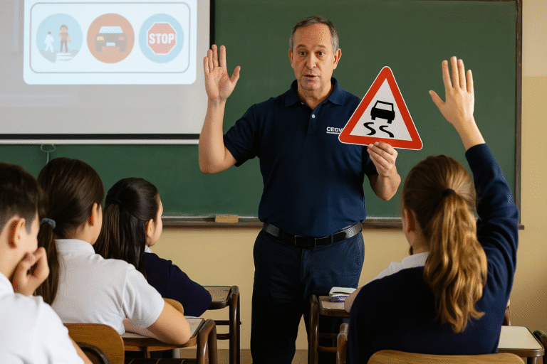 Docente enseña seguridad vial a estudiantes en un aula, mostrando un cartel de tránsito mientras los alumnos participan activamente