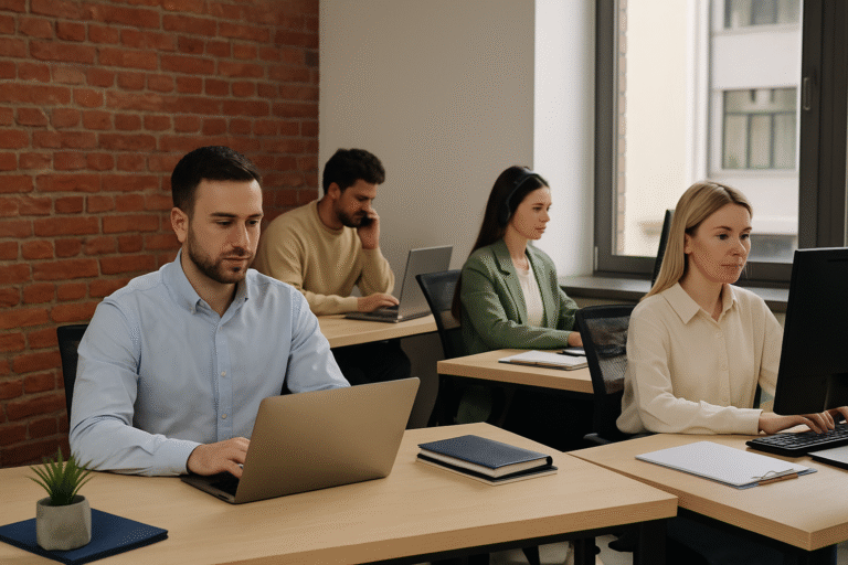 Oficina moderna con empleados trabajando en sus escritorios, ilustrando la modalidad laboral presencial en Argentina