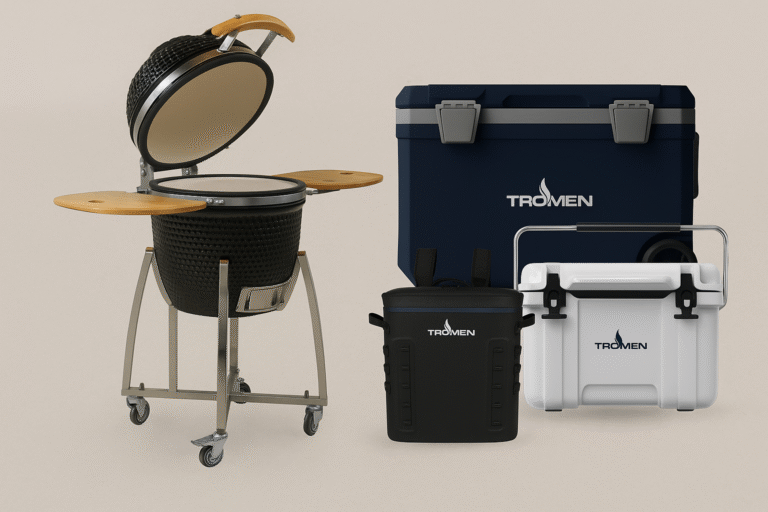 Imagen de productos Tromen: parrilla estilo kamado y conservadoras premium, que representan la ampliación de la experiencia gourmet de la marca