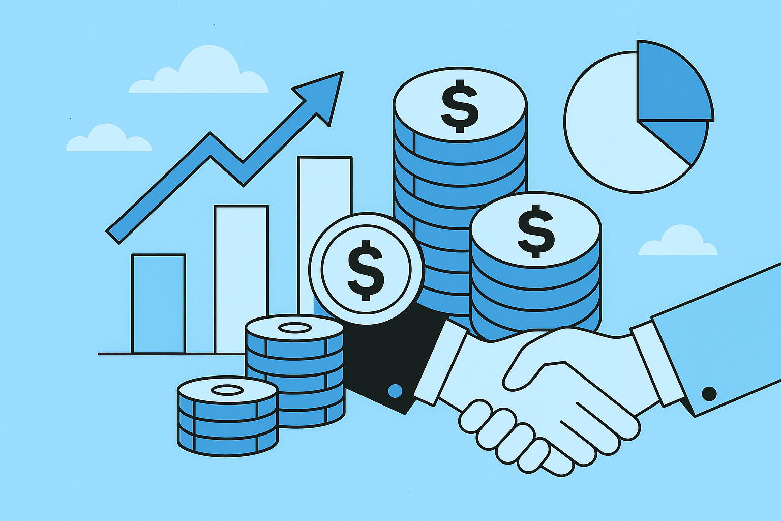 Ilustración en celeste, blanco y negro con gráficos de barras, monedas y un apretón de manos, representando políticas salariales y estrategias de compensación