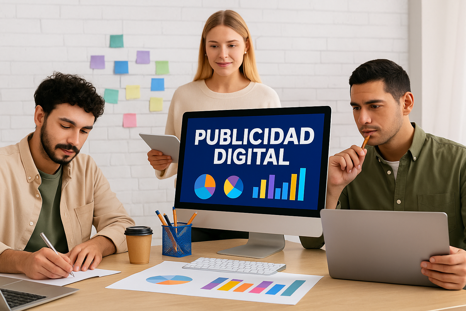 Dueños y empleados de una pyme argentina trabajando con notebooks y tablets, rodeados de gráficos digitales e íconos de redes sociales, representando el reto de la publicidad digital