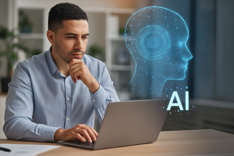 Ilustración digital de trabajadores latinoamericanos en una oficina moderna colaborando con inteligencia artificial y pantallas holográficas
