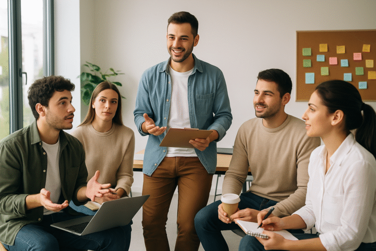 Jóvenes profesionales argentinos trabajando en equipo en una oficina moderna, representando la empleabilidad del futuro basada en colaboración e innovación