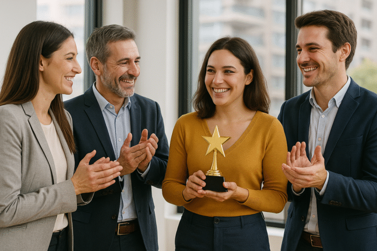 Empleada sonriente recibe un premio mientras sus compañeros argentinos la aplauden en una oficina moderna