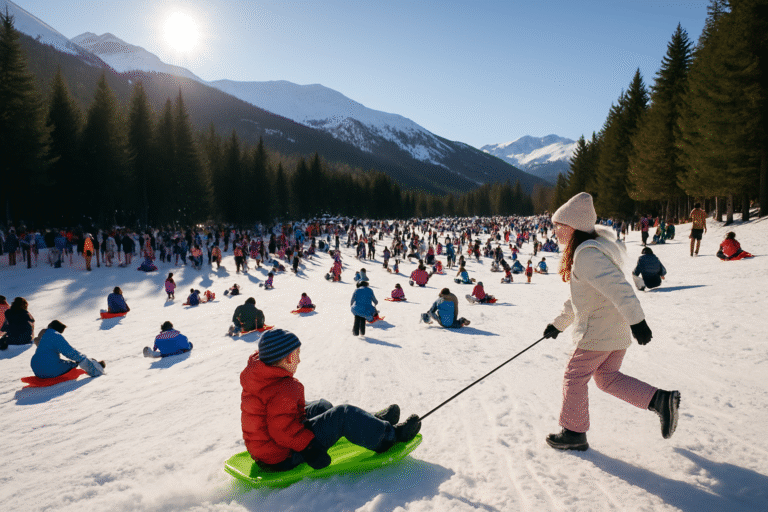Personas disfrutando de actividades recreativas en un centro de esquí argentino durante el invierno