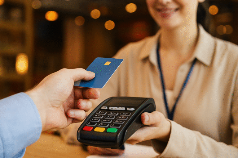 Persona realizando un pago contactless con tarjeta en un lector digital moderno