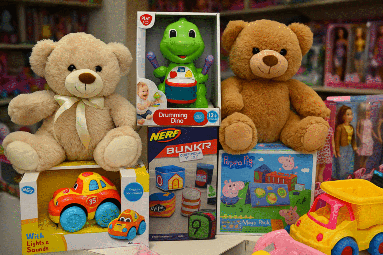 Exhibición de juguetes como peluches, autos y sets de juego en una juguetería argentina