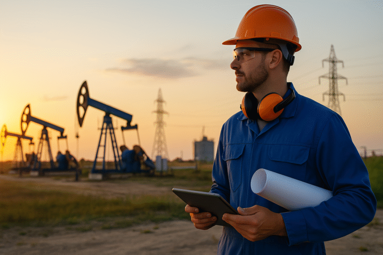 Trabajador con casco, planos y tablet en un campo petrolero argentino, rodeado de torres y bombas extractoras durante el atardecer