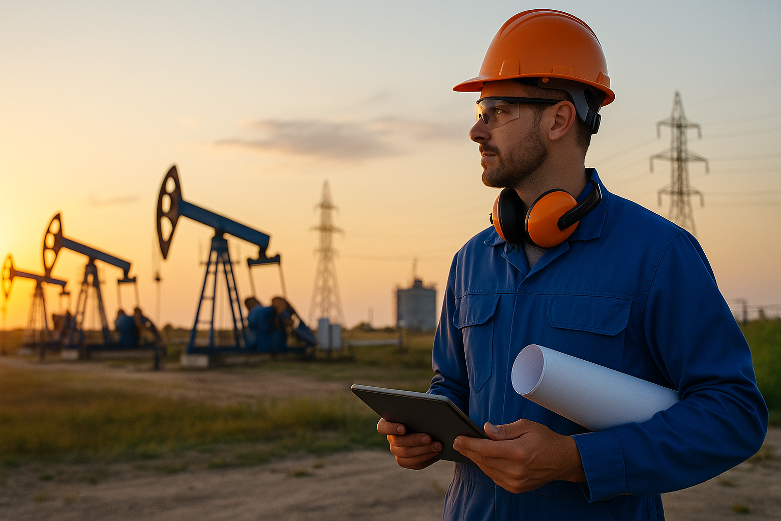 Trabajador con casco, planos y tablet en un campo petrolero argentino, rodeado de torres y bombas extractoras durante el atardecer