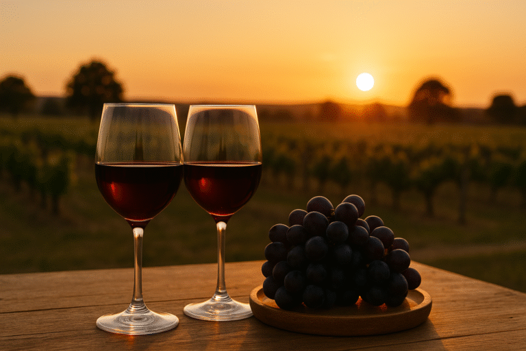 Dos copas de vino por la mitad junto a un racimo de uvas moradas sobre una mesa de madera, con fondo de viñedos al atardecer