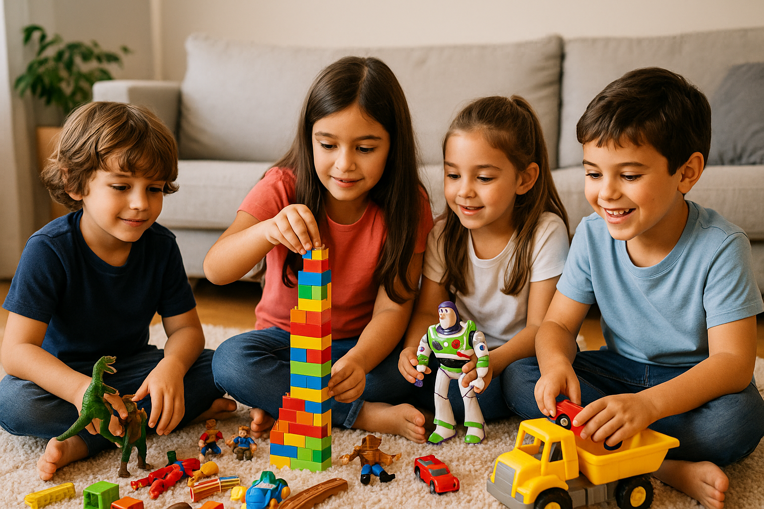 Grupo de niños argentinos en una sala iluminada jugando en el piso con bloques de colores, autitos, dinosaurios y muñecos de acción