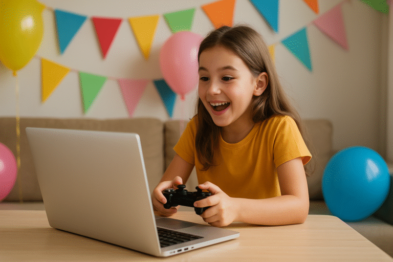 Niña argentina sonriendo mientras juega con un joystick en una notebook plateada, rodeada de globos y guirnaldas coloridas en un ambiente festivo por el Mes del Niño