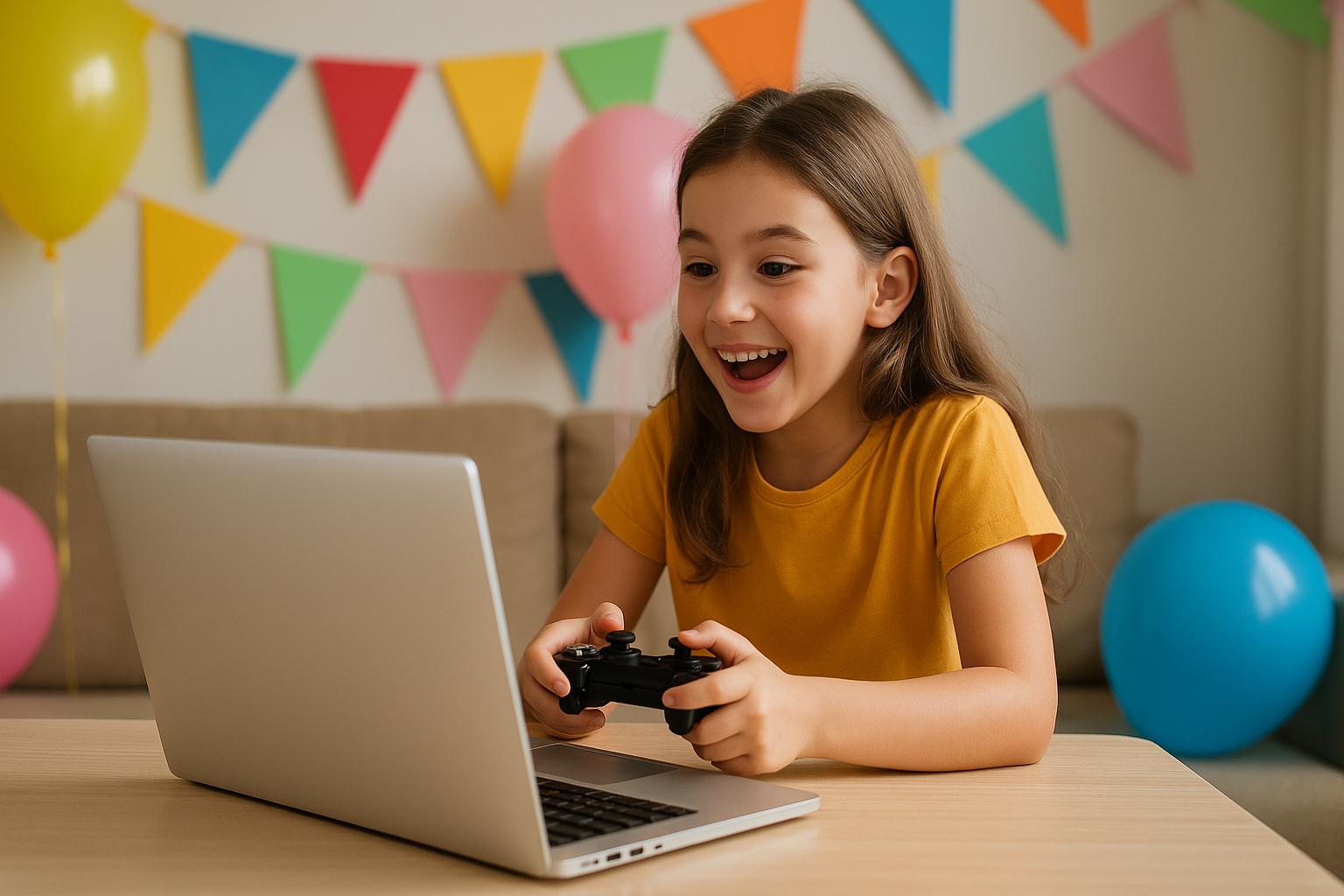 Niña argentina sonriendo mientras juega con un joystick en una notebook plateada, rodeada de globos y guirnaldas coloridas en un ambiente festivo por el Mes del Niño