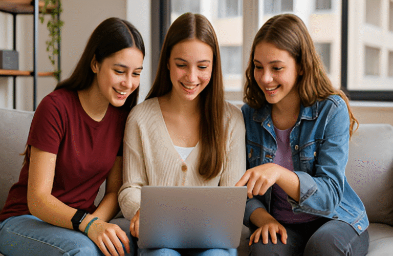Tres adolescentes argentinas sentadas en un sillón usando una notebook, sonrientes y concentradas, en un ambiente moderno y luminoso
