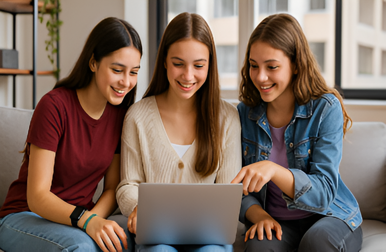 Tres adolescentes argentinas sentadas en un sillón usando una notebook, sonrientes y concentradas, en un ambiente moderno y luminoso