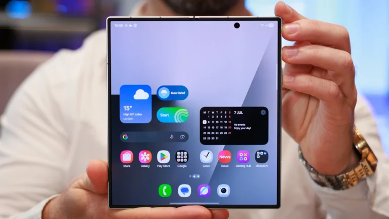 Primer plano de un usuario sosteniendo un Samsung Galaxy Z Fold7 completamente desplegado, mostrando su interfaz y pantalla principal en alta definición