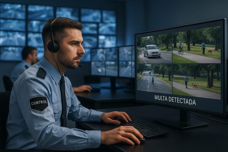 Inspector de tránsito argentino con dispositivo electrónico, controlando infracciones en la vía pública durante el día