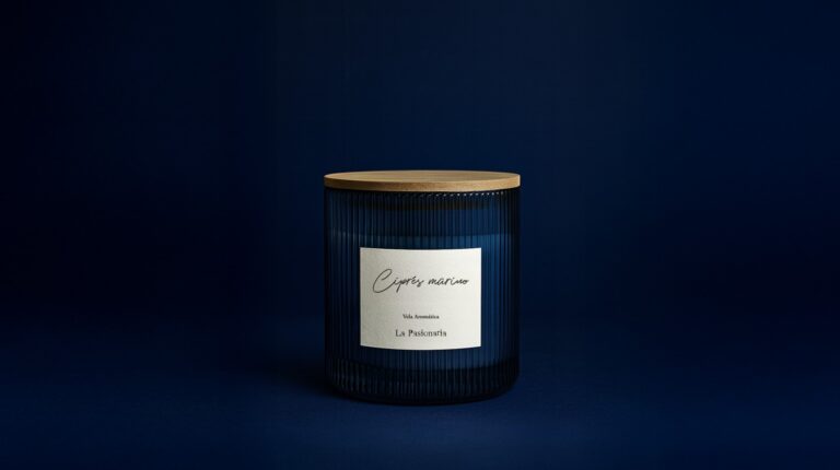 Vela aromática en envase azul con tapa de madera, parte de la colección Cápsula de La Pasionaria, sobre fondo oscuro elegante