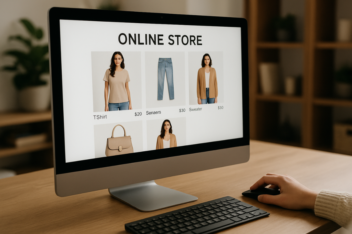 Persona navegando una tienda online de ropa y accesorios desde una computadora de escritorio en un entorno hogareño