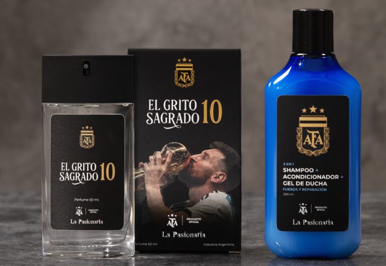 Productos de La Pasionaria con licencia oficial AFA: perfume y shampoo de la Selección Argentina