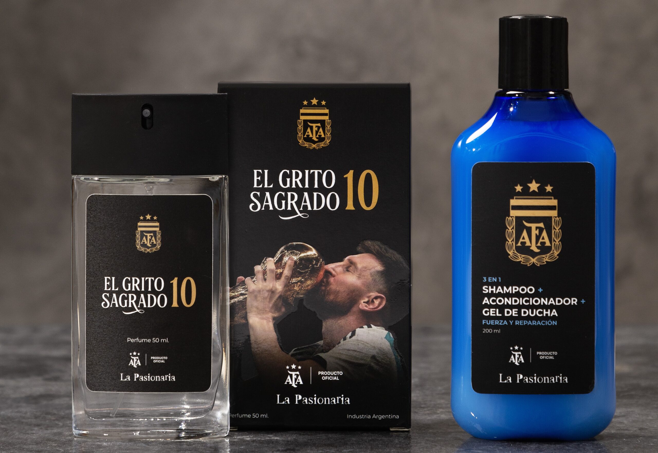 Productos de La Pasionaria con licencia oficial AFA: perfume y shampoo de la Selección Argentina