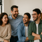 Grupo de jóvenes argentinos en una oficina moderna riendo y compartiendo un momento, reflejando la amistad en el ámbito laboral