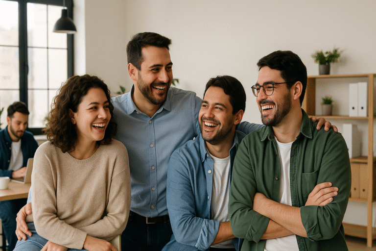 Grupo de jóvenes argentinos en una oficina moderna riendo y compartiendo un momento, reflejando la amistad en el ámbito laboral