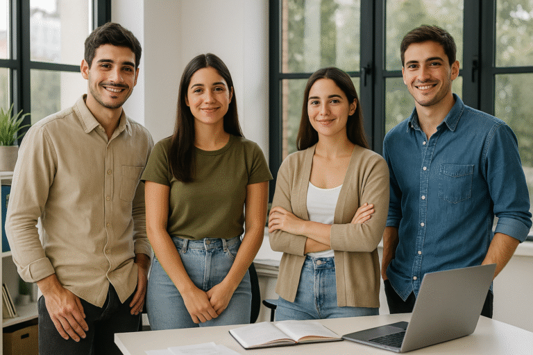 Cuatro jóvenes argentinos, dos hombres y dos mujeres, en una oficina colaborativa con laptops y café sobre la mesa