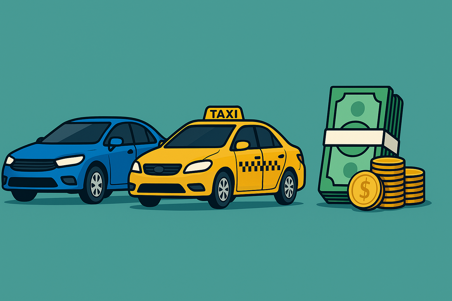 Ilustración comparativa de un auto, un taxi y dinero en efectivo representando inversiones en Argentina