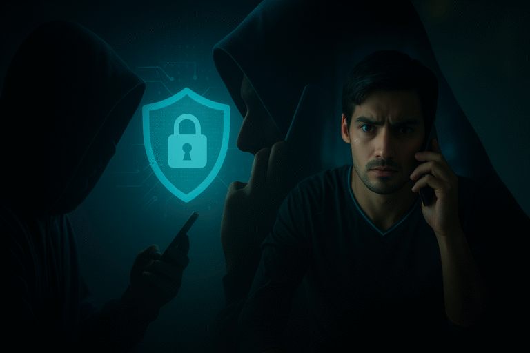Ilustración de ciberdelito con un hacker encapuchado y un joven preocupado usando el celular, simbolizando la prevención digital del Banco Nación