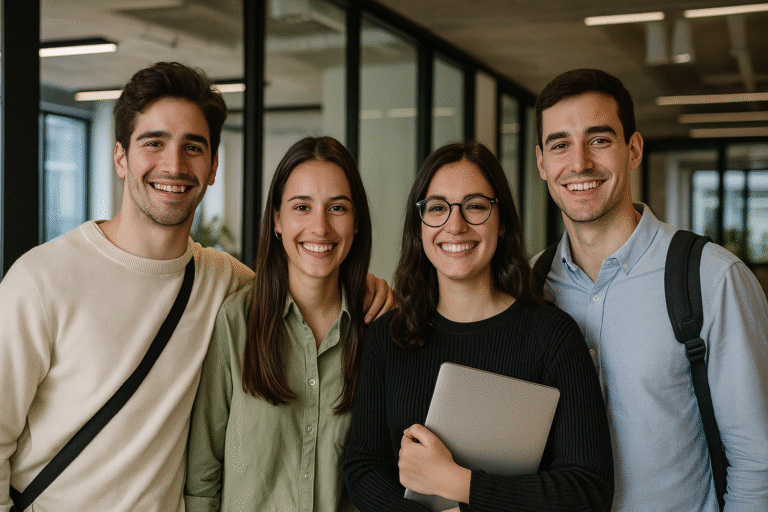 Grupo de jóvenes argentinos sonrientes en un entorno laboral moderno, representando oportunidades de pasantías