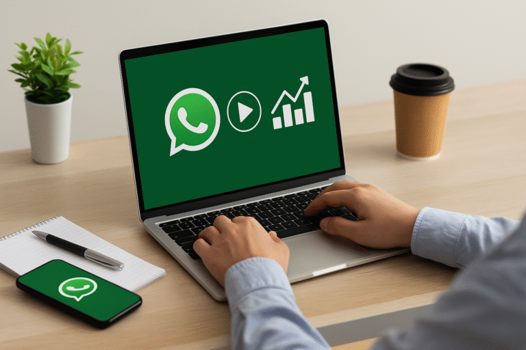 Persona tomando un curso online de automatización de ventas por WhatsApp en una computadora portátil