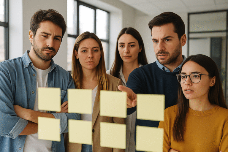 Grupo de jóvenes profesionales argentinos analizando ideas en una oficina, representando la brecha entre lo que el mercado ofrece y lo que las empresas necesitan