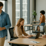 Profesionales jóvenes en una oficina luminosa, colaborando de forma presencial y virtual, reflejando la transición del control cercano a la confianza a distancia