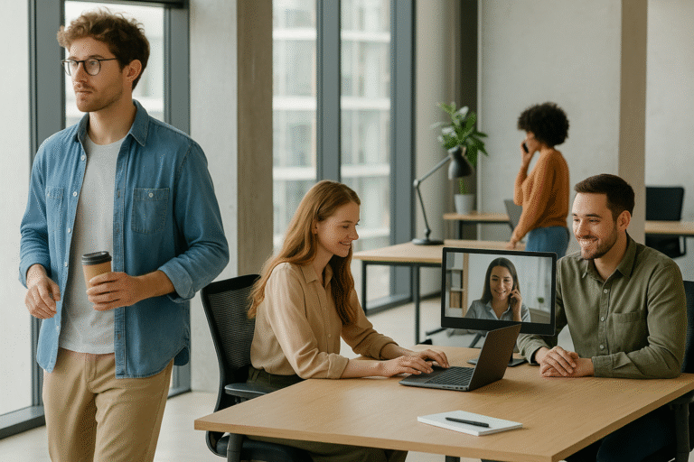 Profesionales jóvenes en una oficina luminosa, colaborando de forma presencial y virtual, reflejando la transición del control cercano a la confianza a distancia