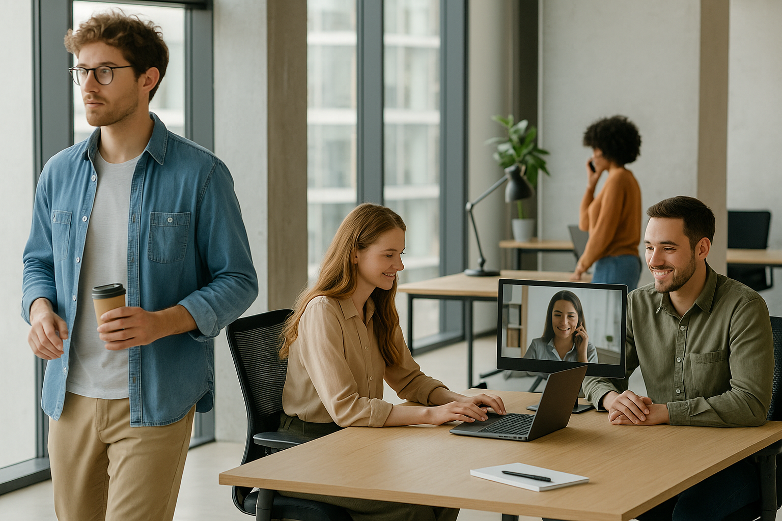 Profesionales jóvenes en una oficina luminosa, colaborando de forma presencial y virtual, reflejando la transición del control cercano a la confianza a distancia