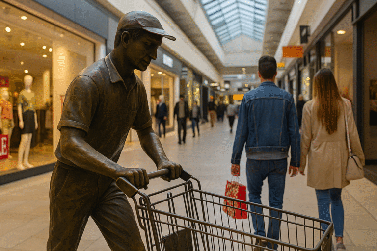 Escultura de un trabajador con carrito en un centro comercial, símbolo del Día del Empleado de Comercio en Argentina