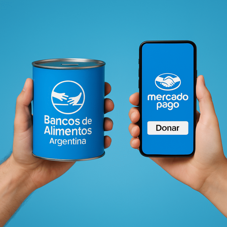 Manos sosteniendo una alcancía de Bancos de Alimentos Argentina y un celular con la app Mercado Pago en pantalla de donación