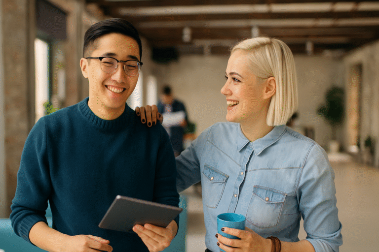 Dos compañeros de trabajo sonrientes en una oficina moderna, simbolizando bienestar y colaboración en el ámbito laboral