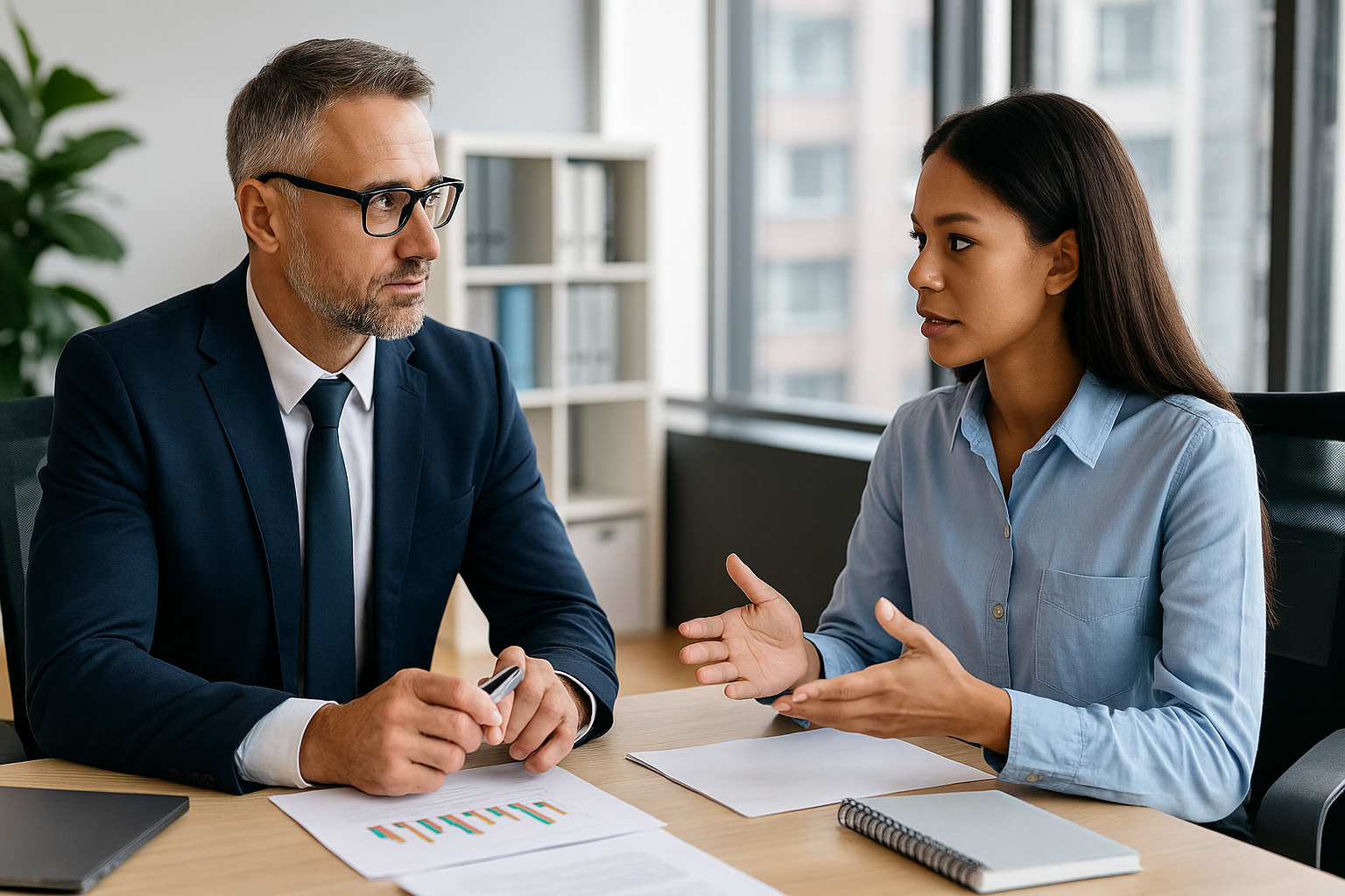 Ejecutivos en una reunión de oficina analizando gráficos salariales y planes de compensación