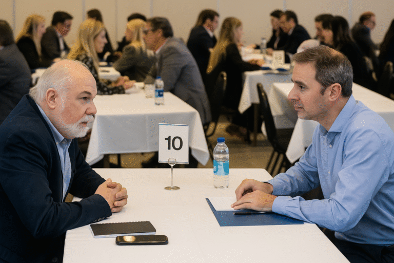 Empresarios conversando en mesas de una ronda de negocios, generando oportunidades comerciales