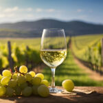 Copa de vino blanco, racimo de uvas y viñedo de fondo en un día soleado, representando la producción vitivinícola argentina