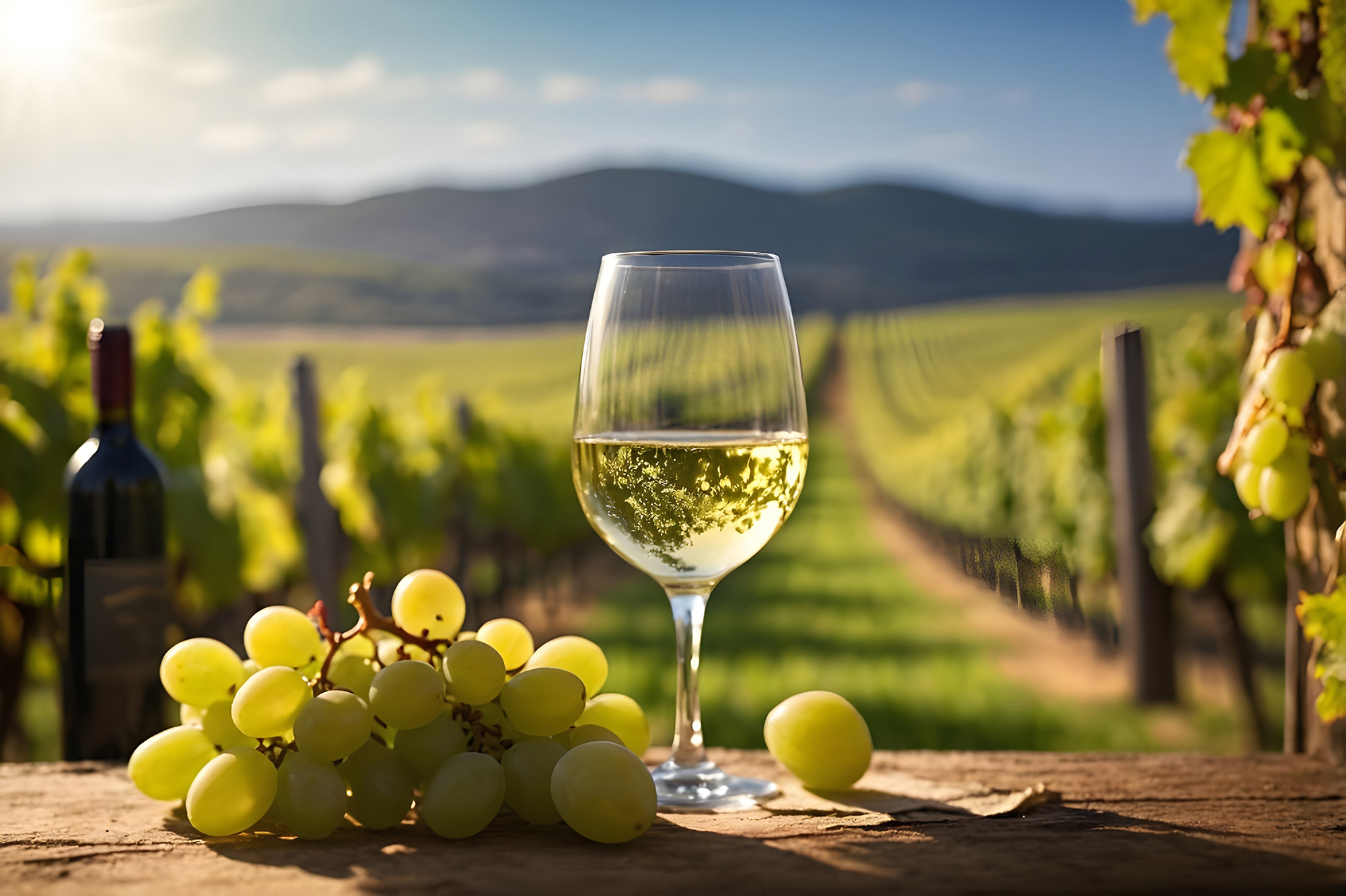 Copa de vino blanco, racimo de uvas y viñedo de fondo en un día soleado, representando la producción vitivinícola argentina