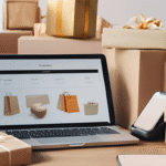 Computadora portátil y smartphone mostrando una tienda online, rodeados de cajas y paquetes de compras electrónicas
