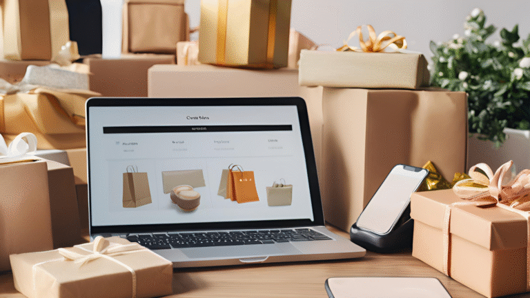 Computadora portátil y smartphone mostrando una tienda online, rodeados de cajas y paquetes de compras electrónicas