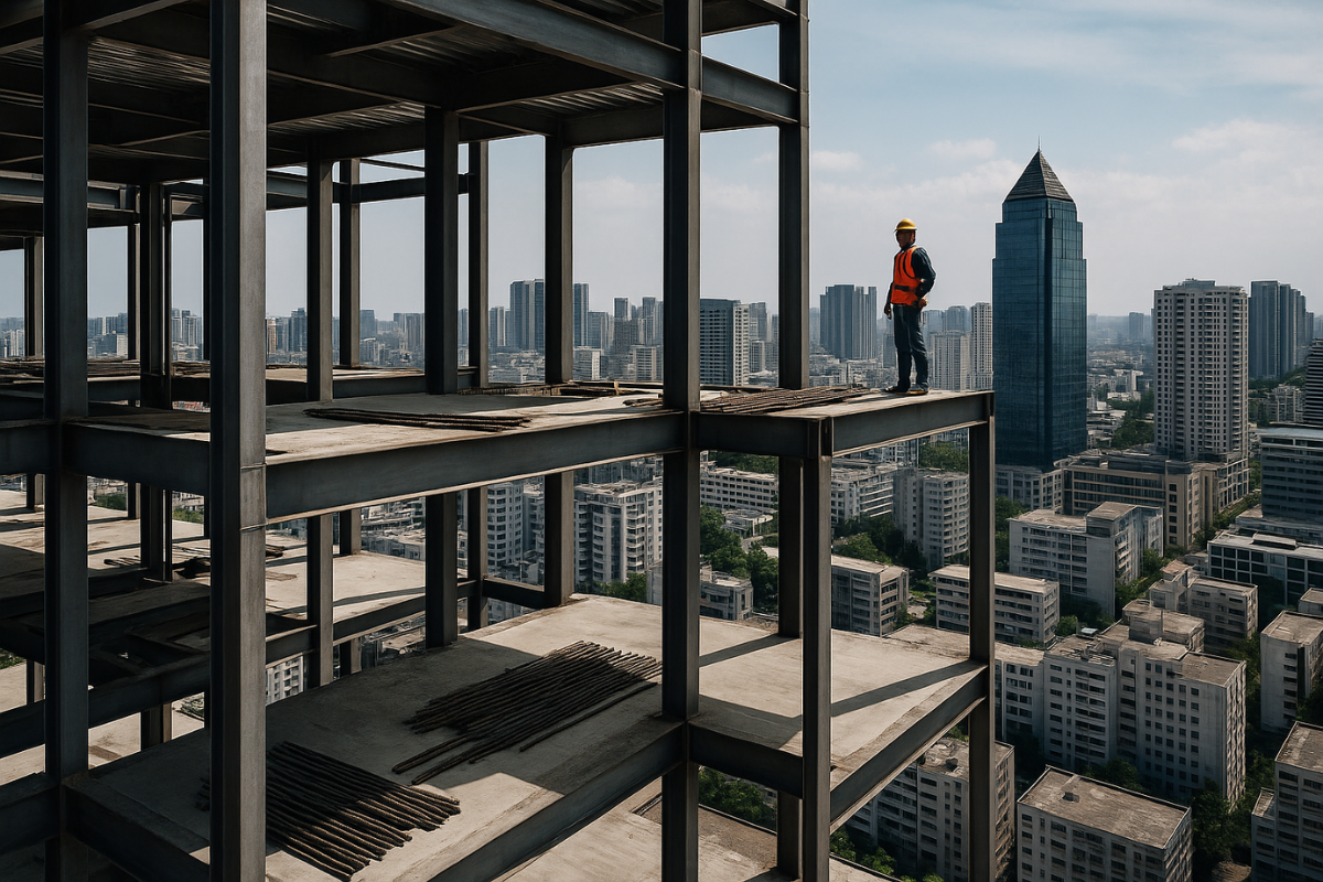 Obrero con casco y chaleco de seguridad parado sobre estructura de acero en edificio en construcción con vista a rascacielos urbanos