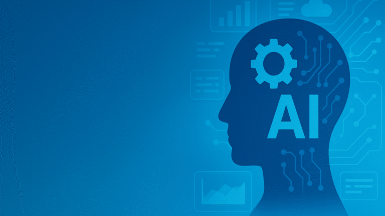Ilustración de la inteligencia artificial representada en un perfil humano con circuitos y engranajes, simbolizando el impacto de la IA en las organizaciones en 2025