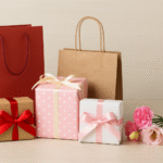 Regalos y flores sobre una mesa representando las compras del Día de la Madre en Argentina