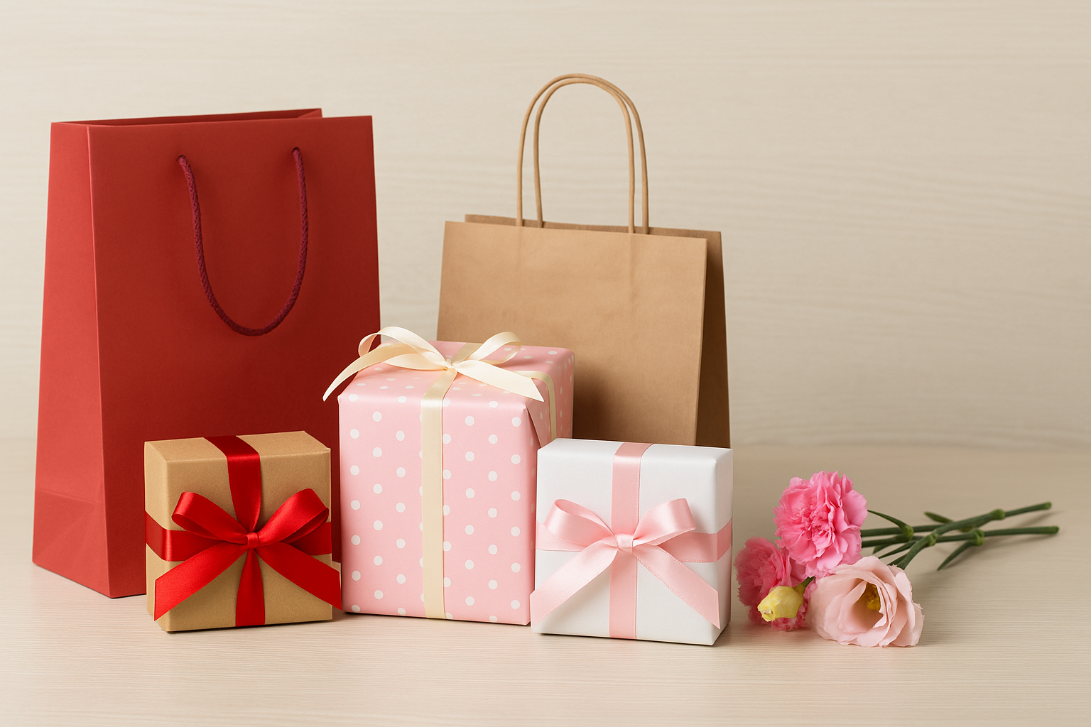 Regalos y flores sobre una mesa representando las compras del Día de la Madre en Argentina