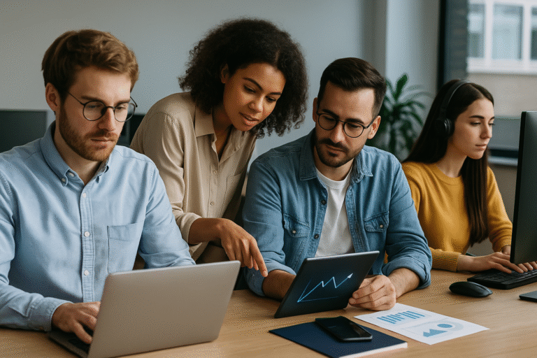 Profesionales jóvenes trabajando con tecnología digital representando los empleos del futuro
